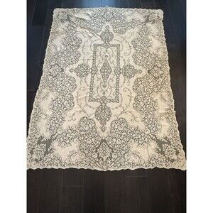 Vtg Quaker Lace Tablecloth 87x61 Beige Floral Medallion Cottagecore Victorian